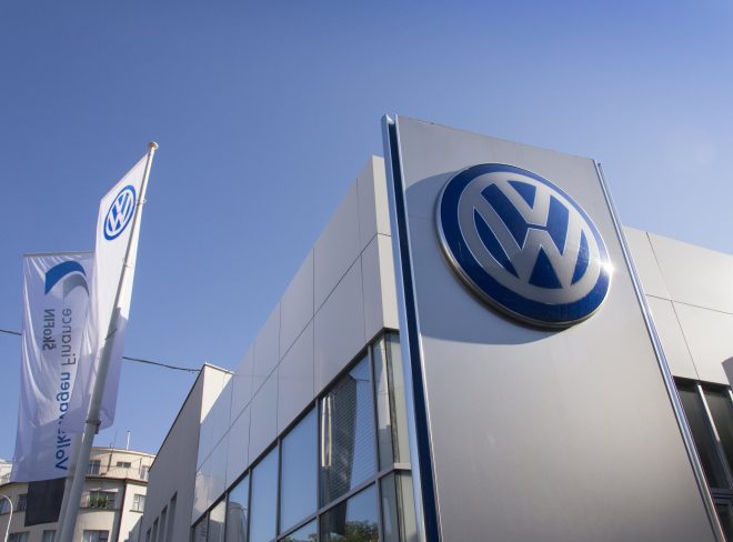 Prague, Czech republic - October 1, 2015: Volkswagen car maker logo on a building of dealership on October 1, 2015 in Prague, Czech republic.